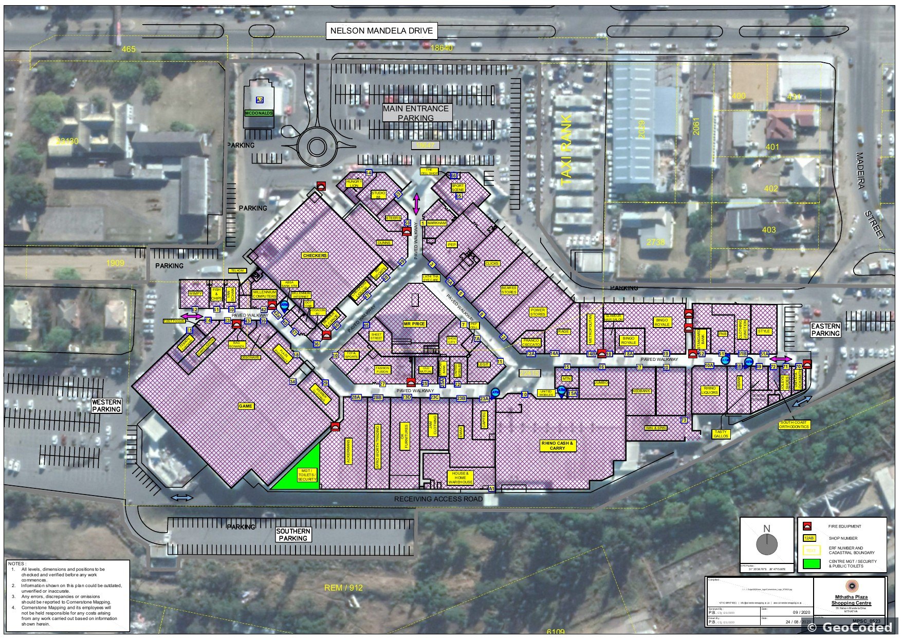 Complete issued layout sheet — shop layout, annotations, legend and title block — over the same aerial