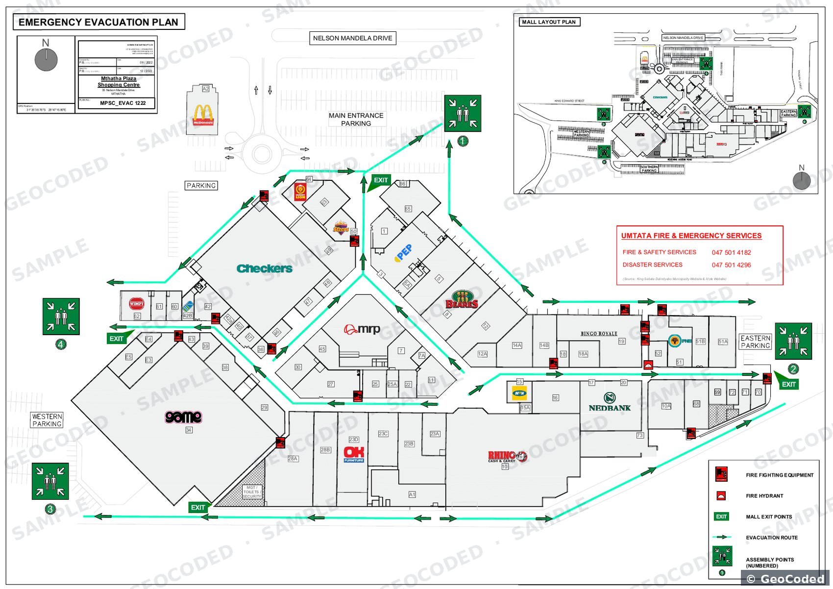 Emergency evacuation plan with escape routes and legend